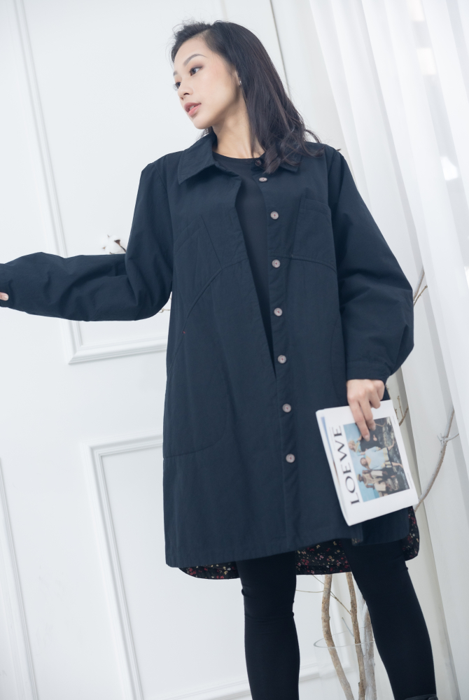 코트 立領綴紅線口袋長版外套 / 黑色