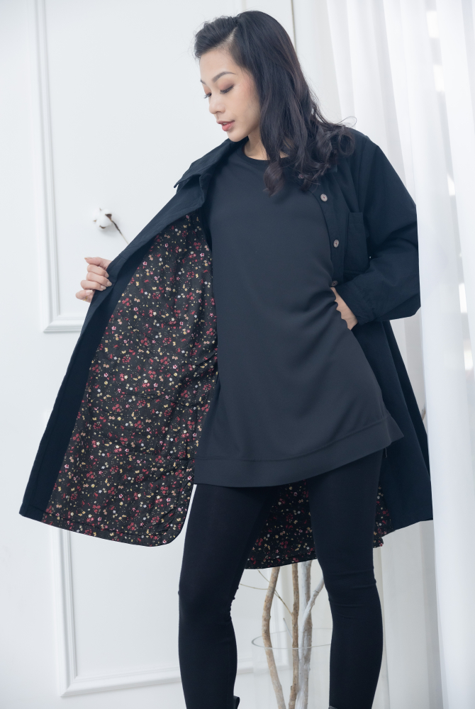 코트 立領綴紅線口袋長版外套 / 黑色