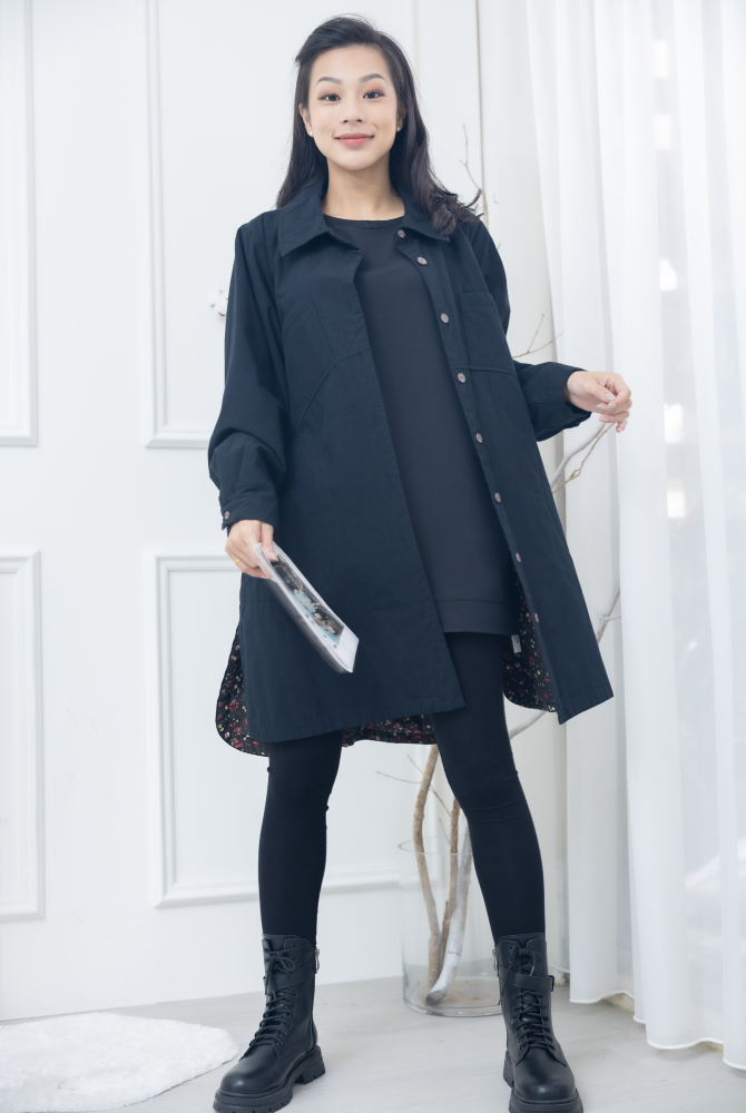 코트 立領綴紅線口袋長版外套 / 黑色