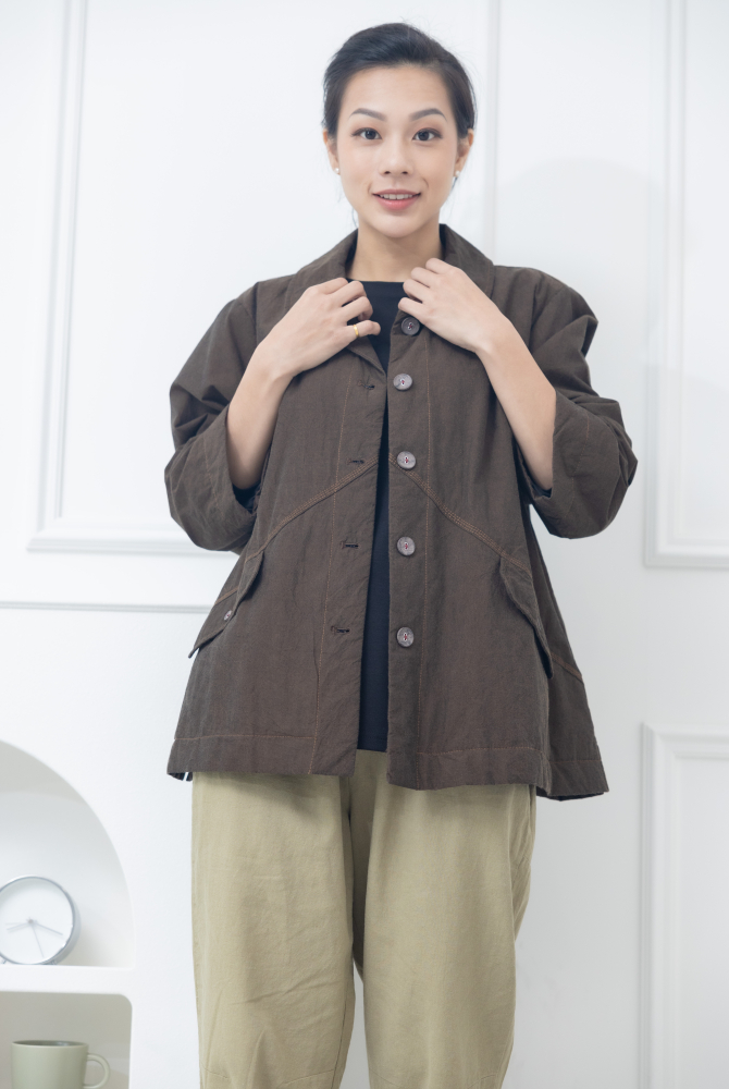 코트 立領鈕扣斜口袋外套 / 可可色