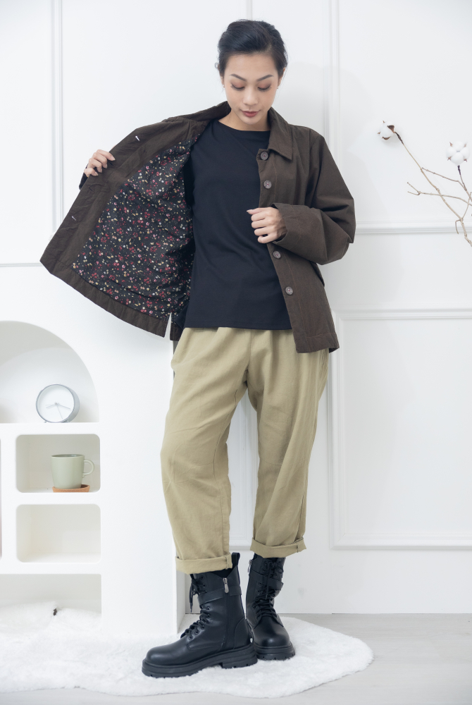 코트 立領鈕扣斜口袋外套 / 可可色