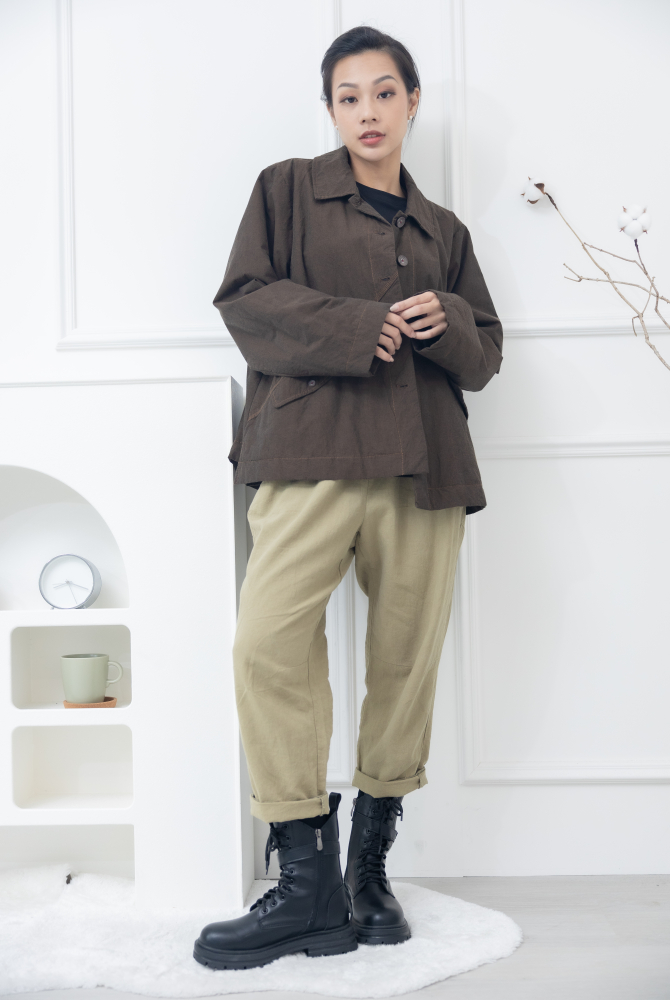 코트 立領鈕扣斜口袋外套 / 可可色