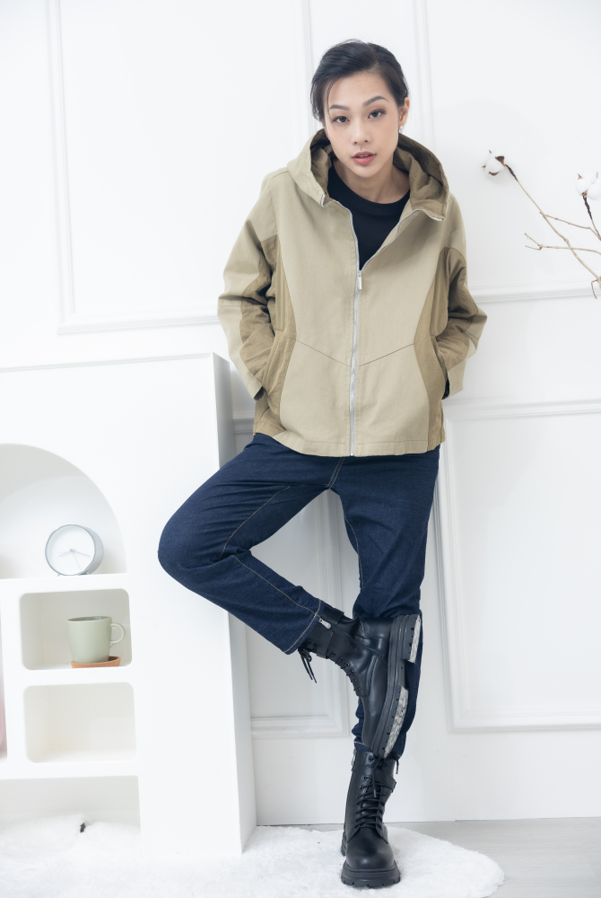 코트 異材質拼接拉鍊外套 / 杏綠色