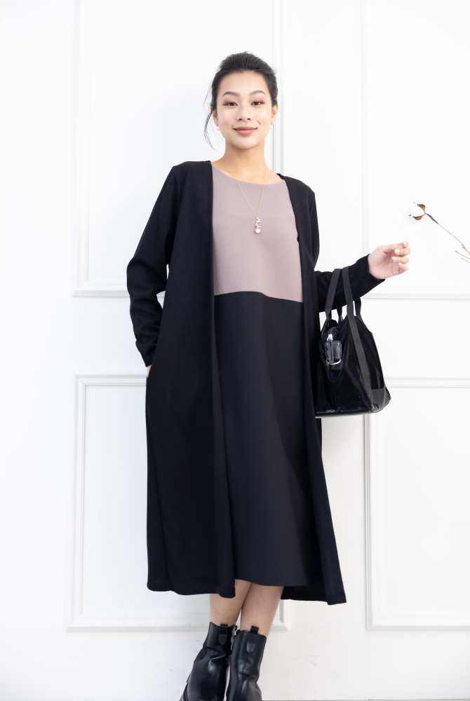 원피스 針織外罩內層上可可下黑假二件洋裝 / 黑色