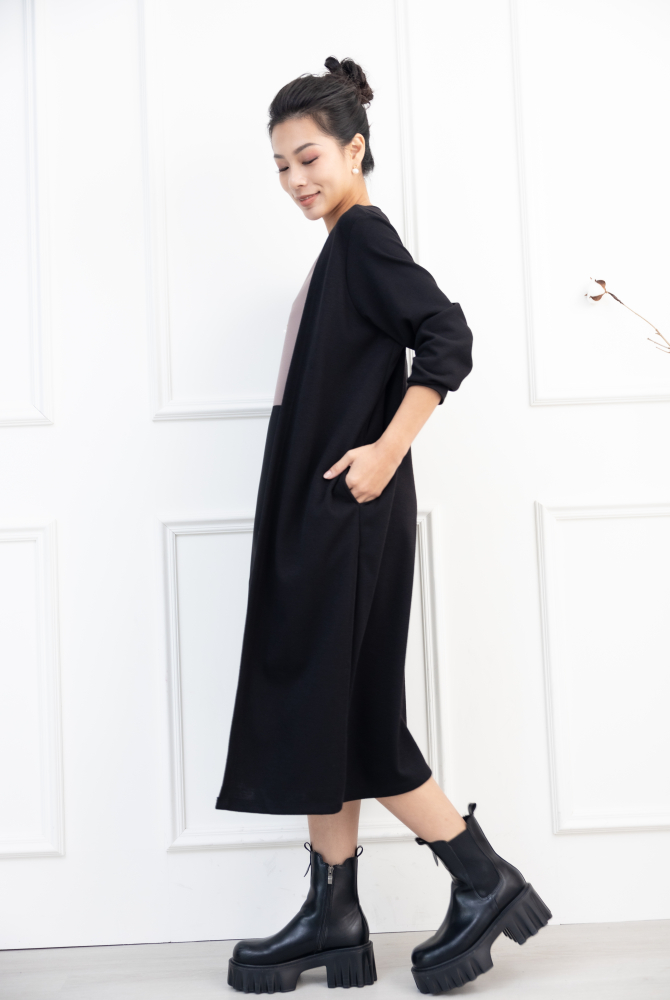 원피스 針織外罩內層上可可下黑假二件洋裝 / 黑色