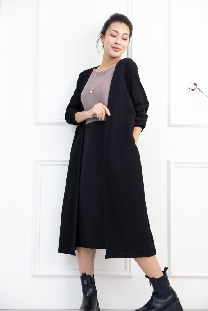 원피스 針織外罩內層上可可下黑假二件洋裝 / 黑色