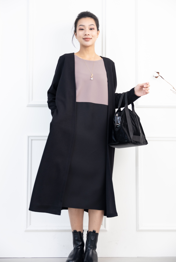 원피스 針織外罩內層上可可下黑假二件洋裝 / 黑色
