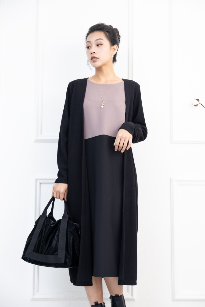 원피스 針織外罩內層上可可下黑假二件洋裝 / 黑色