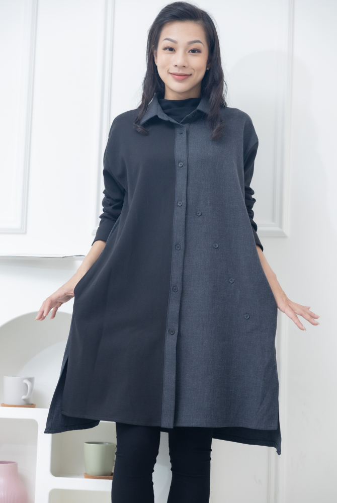 긴팔 灰拼黑立領長版上衣