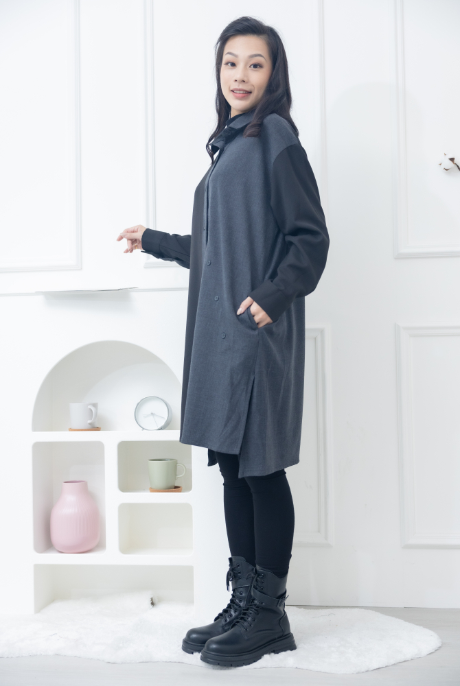 긴팔 灰拼黑立領長版上衣