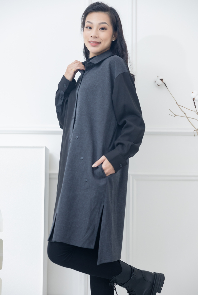 긴팔 灰拼黑立領長版上衣
