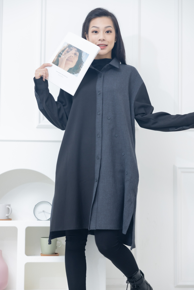 긴팔 灰拼黑立領長版上衣