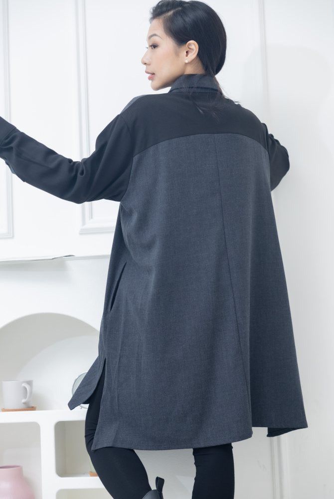 긴팔 灰拼黑立領長版上衣