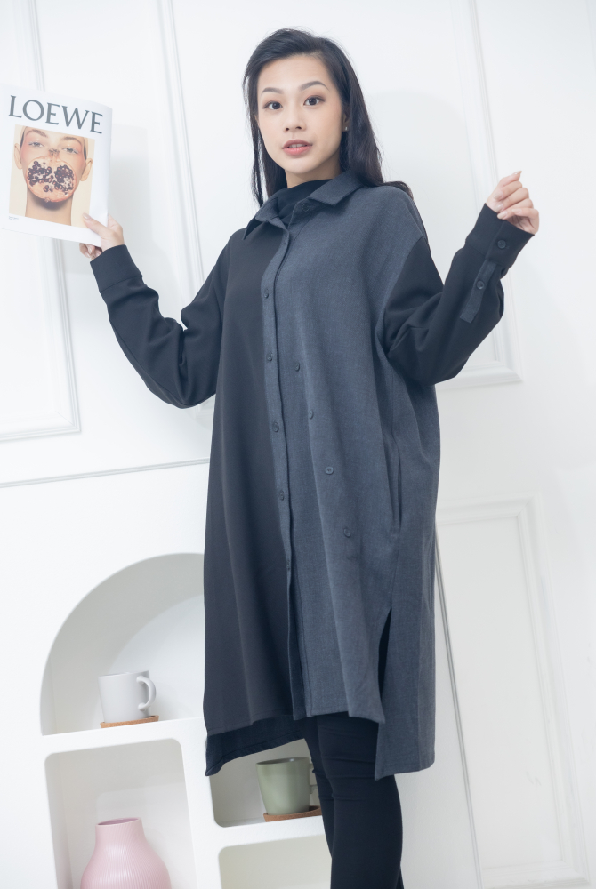 긴팔 灰拼黑立領長版上衣