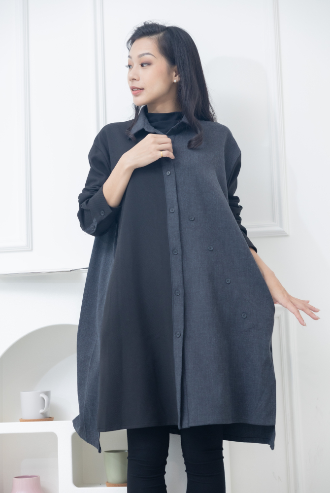 긴팔 灰拼黑立領長版上衣