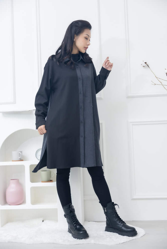 긴팔 灰拼黑立領長版上衣