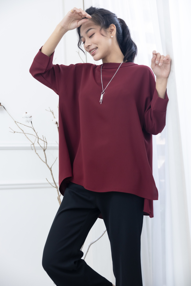 긴팔 高領前短後長雪紡上衣 / 棗紅色