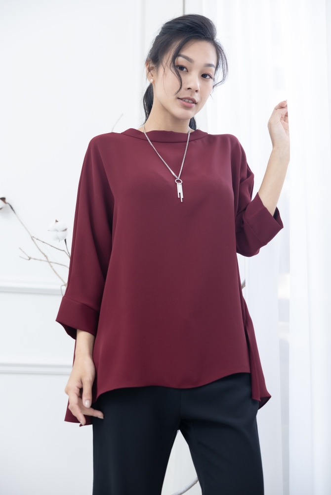 긴팔 高領前短後長雪紡上衣 / 棗紅色