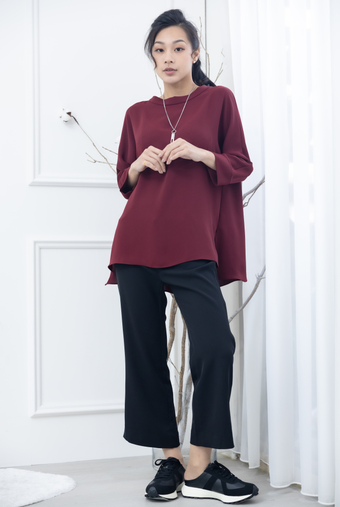 긴팔 高領前短後長雪紡上衣 / 棗紅色