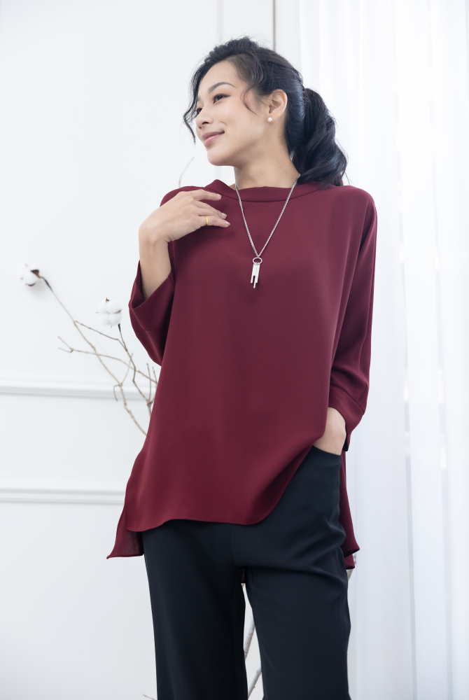 긴팔 高領前短後長雪紡上衣 / 棗紅色