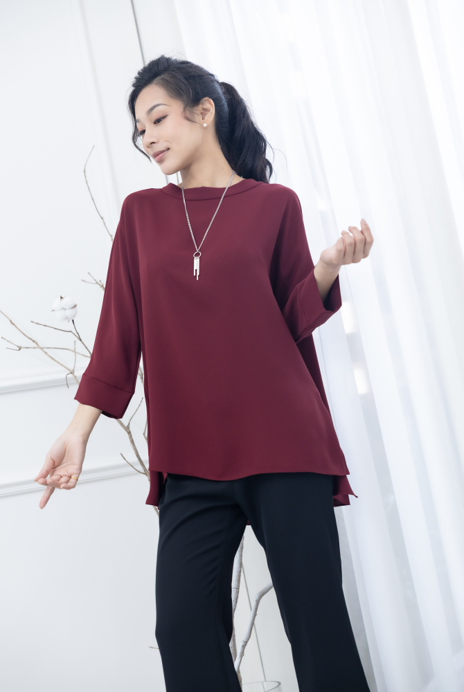 긴팔 高領前短後長雪紡上衣 / 棗紅色