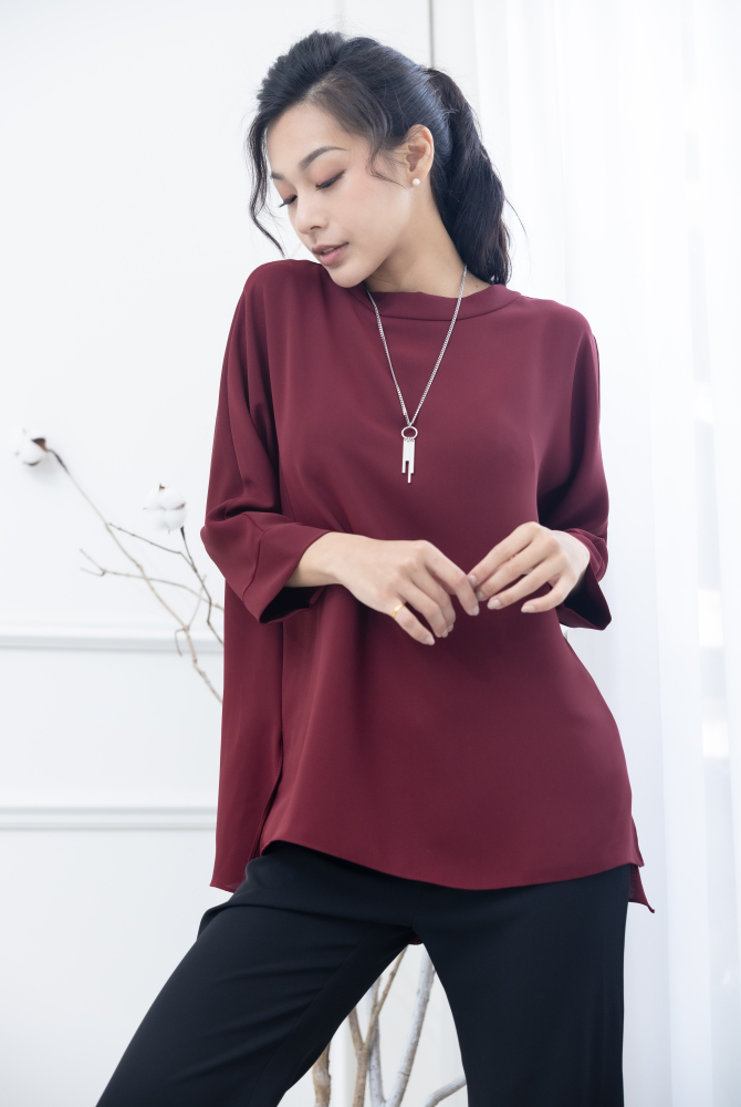 긴팔 高領前短後長雪紡上衣 / 棗紅色