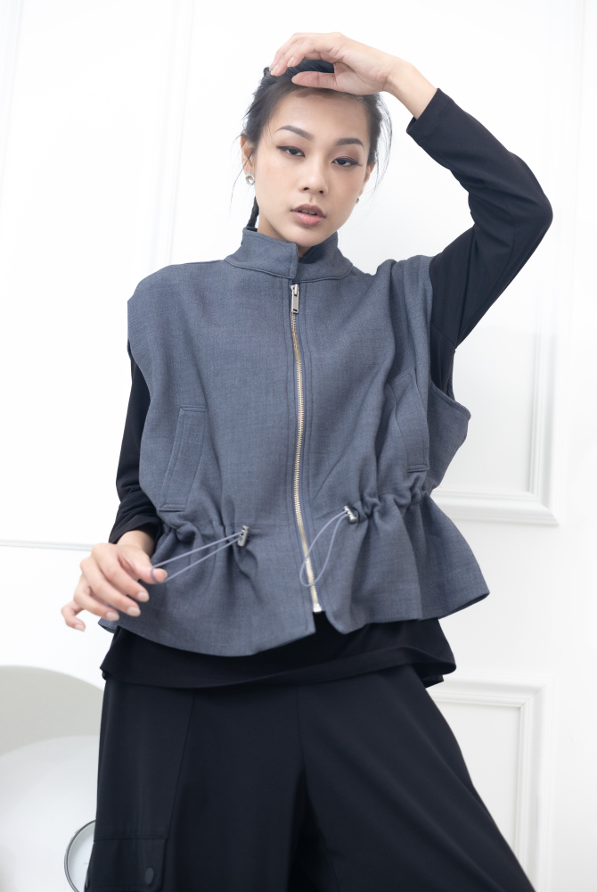 조끼 前腰抽繩收腰背心 / 灰色