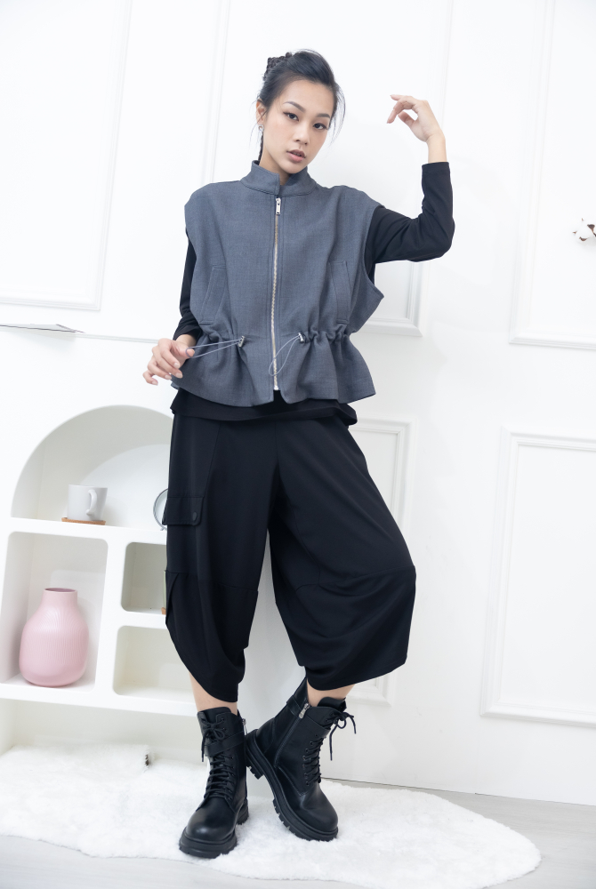 조끼 前腰抽繩收腰背心 / 灰色