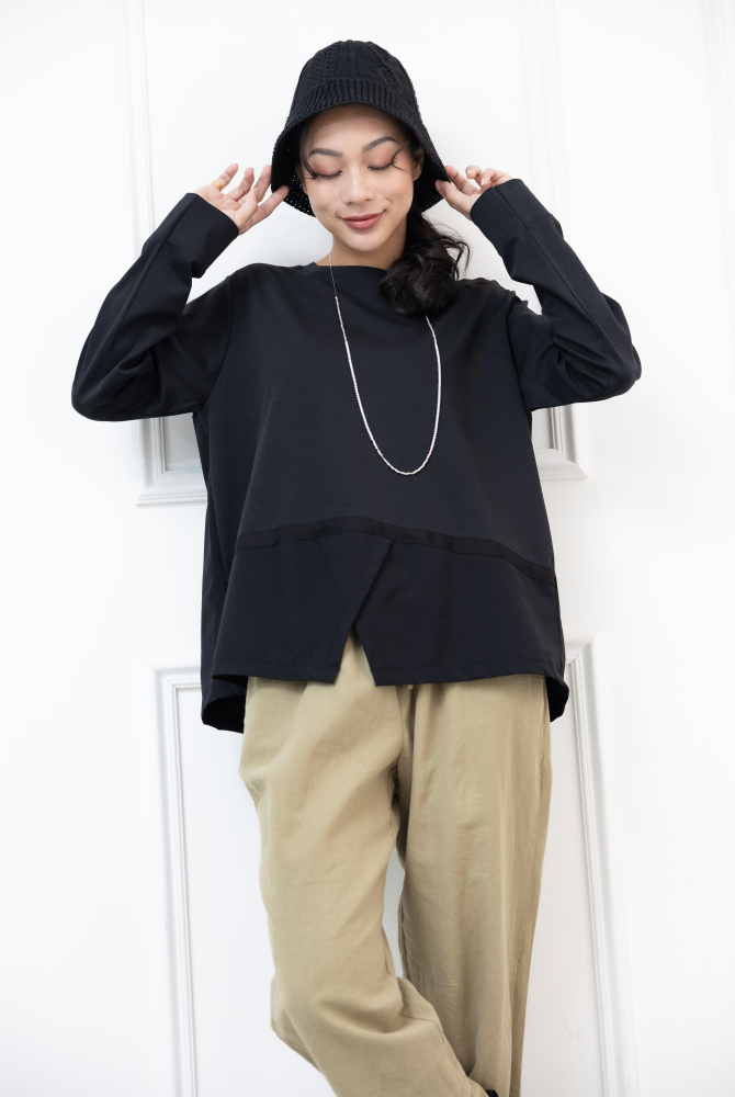 긴팔 下擺綴織帶異材質拼接上衣 / 黑色