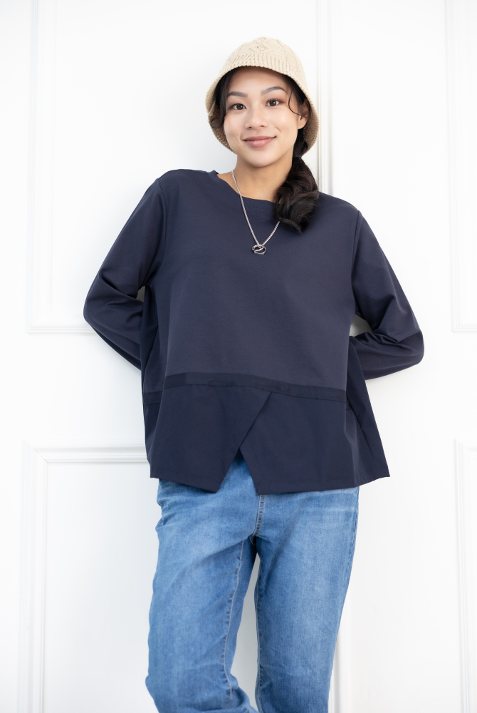 긴팔 下擺綴織帶異材質拼接上衣 / 藍色