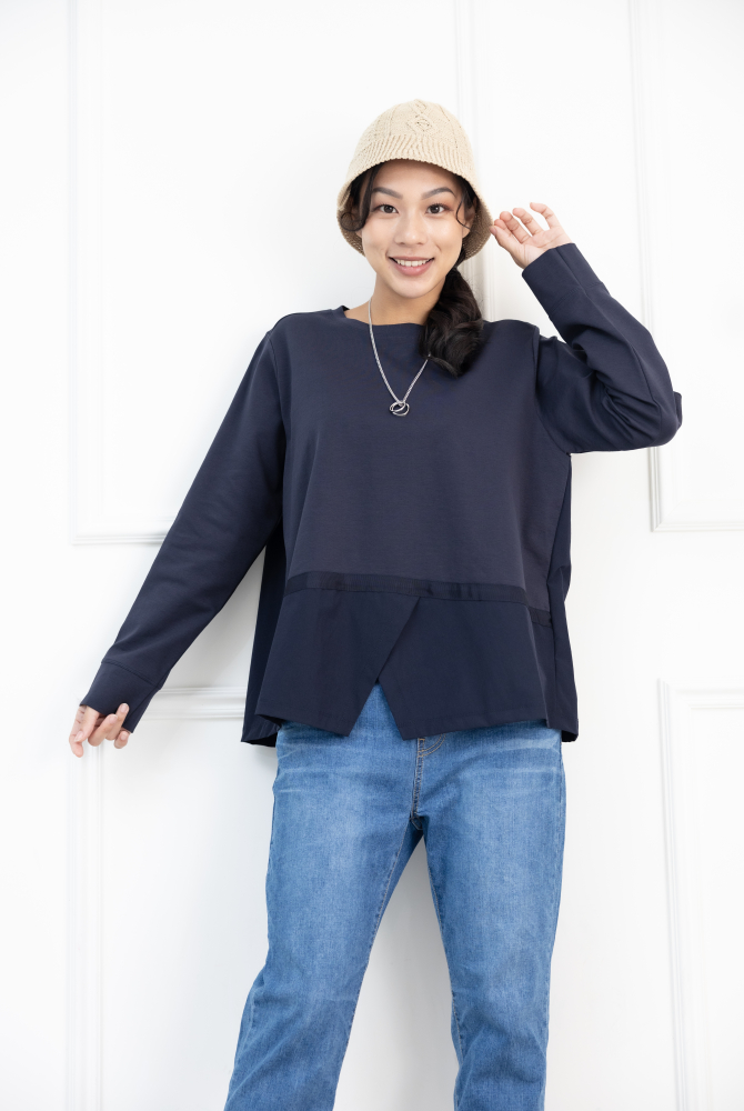 긴팔 下擺綴織帶異材質拼接上衣 / 藍色