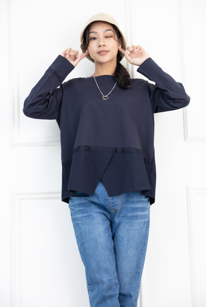 긴팔 下擺綴織帶異材質拼接上衣 / 藍色
