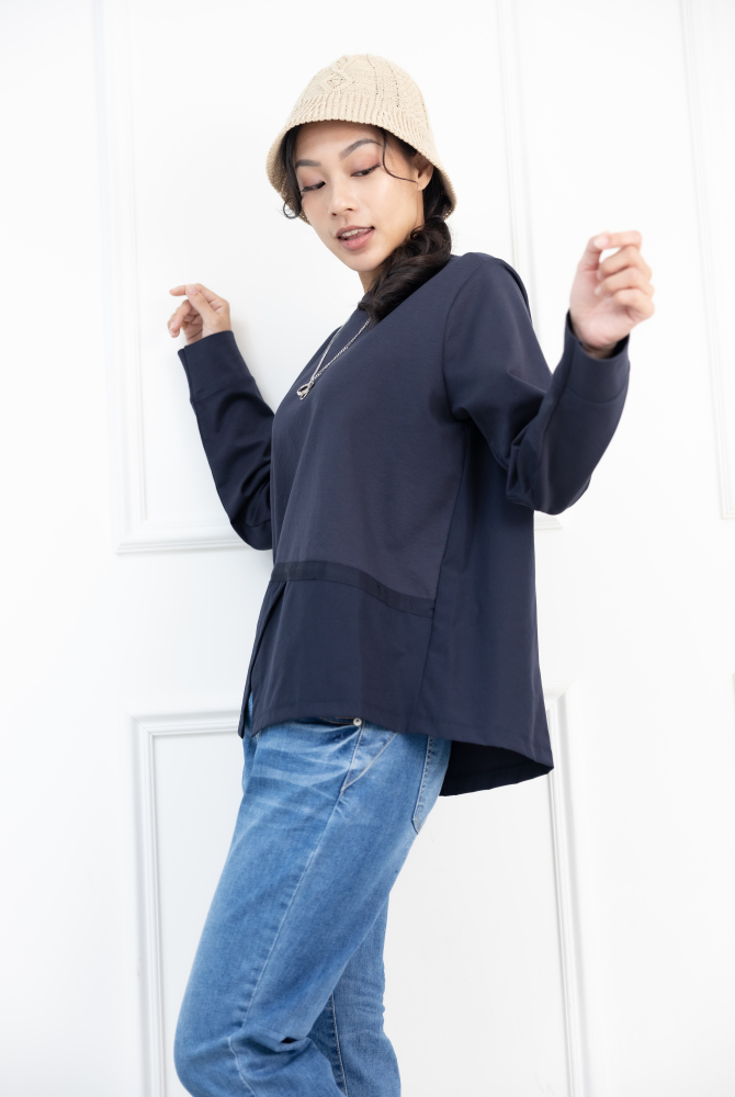긴팔 下擺綴織帶異材質拼接上衣 / 藍色