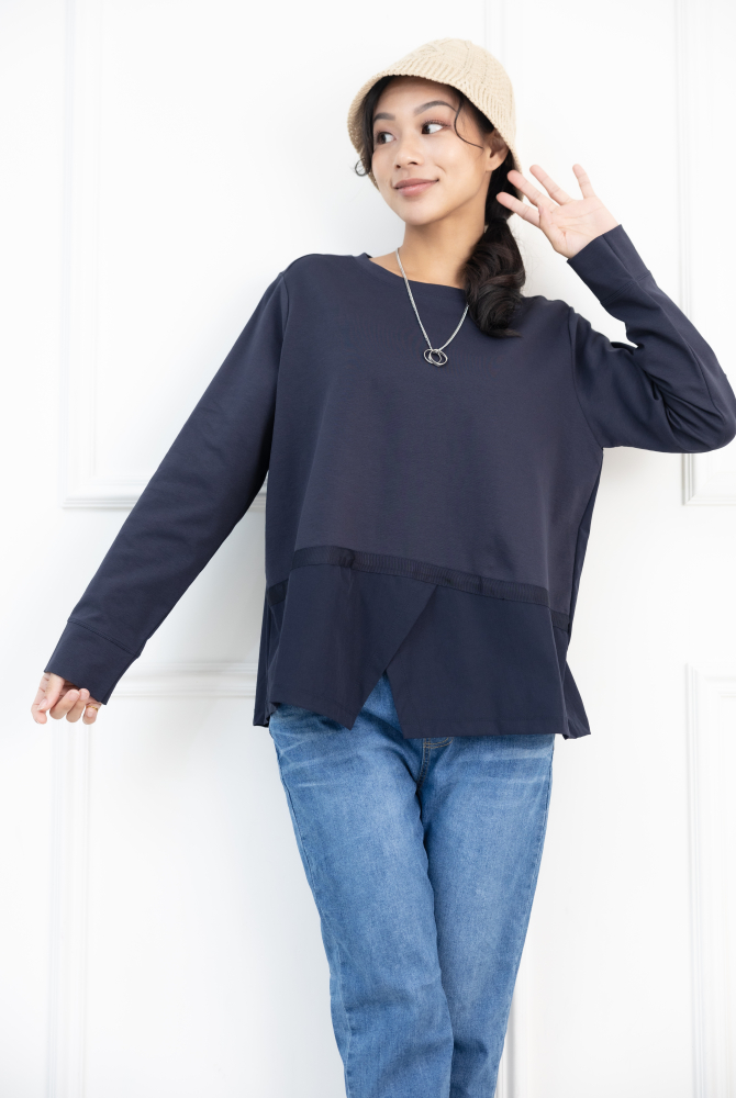 긴팔 下擺綴織帶異材質拼接上衣 / 藍色