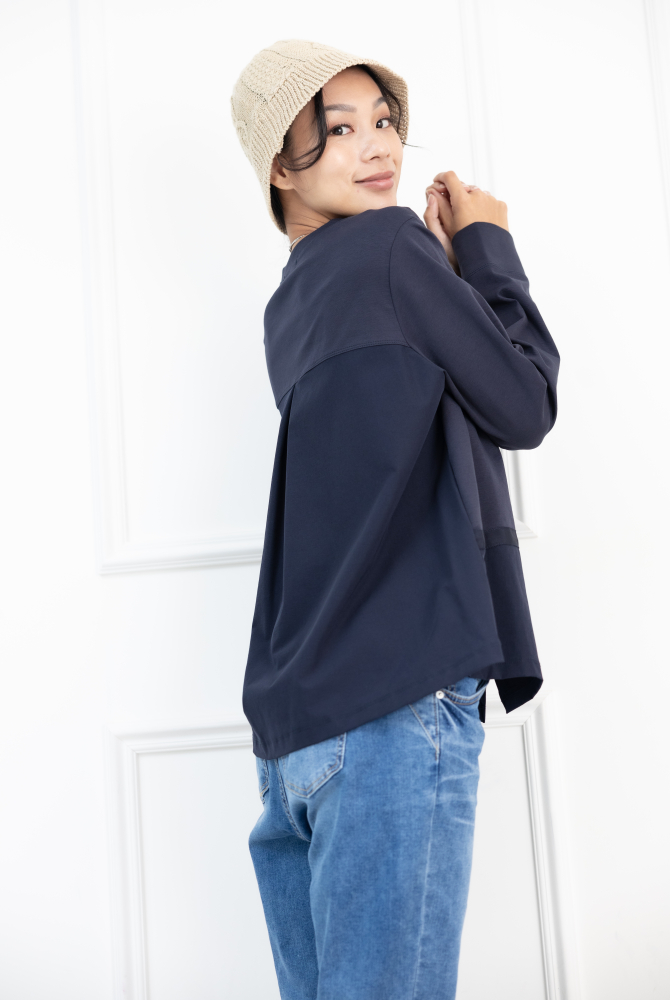 긴팔 下擺綴織帶異材質拼接上衣 / 藍色