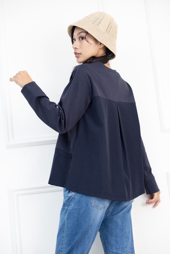 긴팔 下擺綴織帶異材質拼接上衣 / 藍色