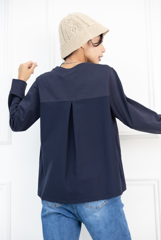 긴팔 下擺綴織帶異材質拼接上衣 / 藍色