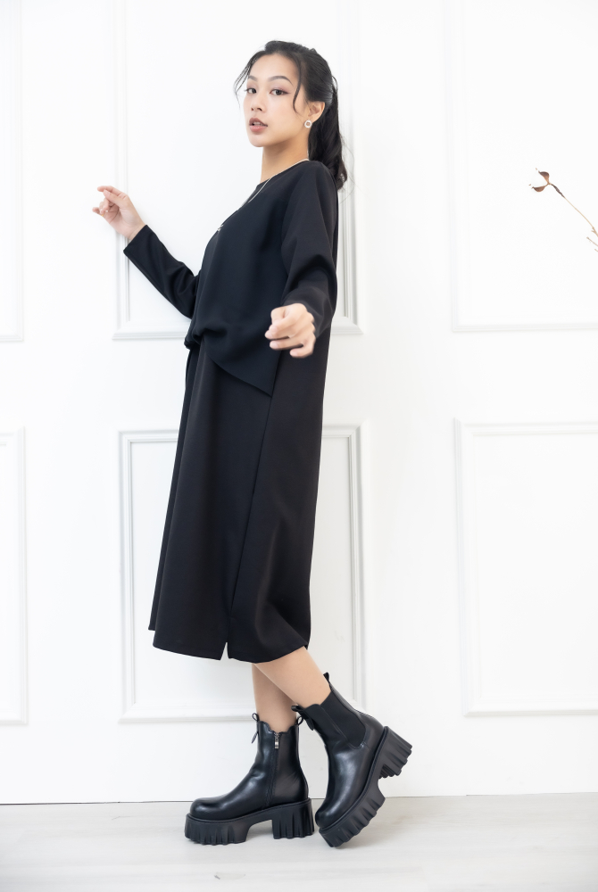 원피스 假兩件雪紡洋裝 / 黑色