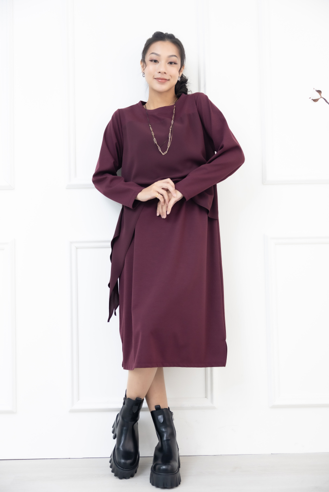 원피스 假兩件雪紡洋裝 / 暗紅色