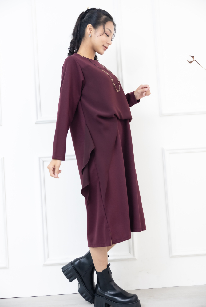 원피스 假兩件雪紡洋裝 / 暗紅色