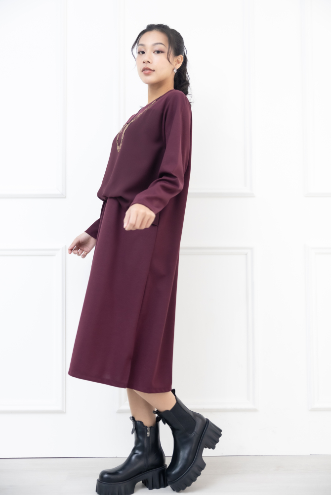 원피스 假兩件雪紡洋裝 / 暗紅色