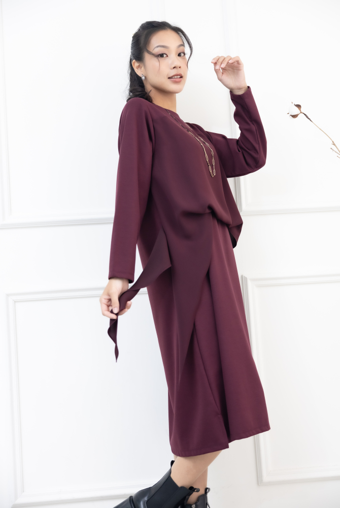 원피스 假兩件雪紡洋裝 / 暗紅色