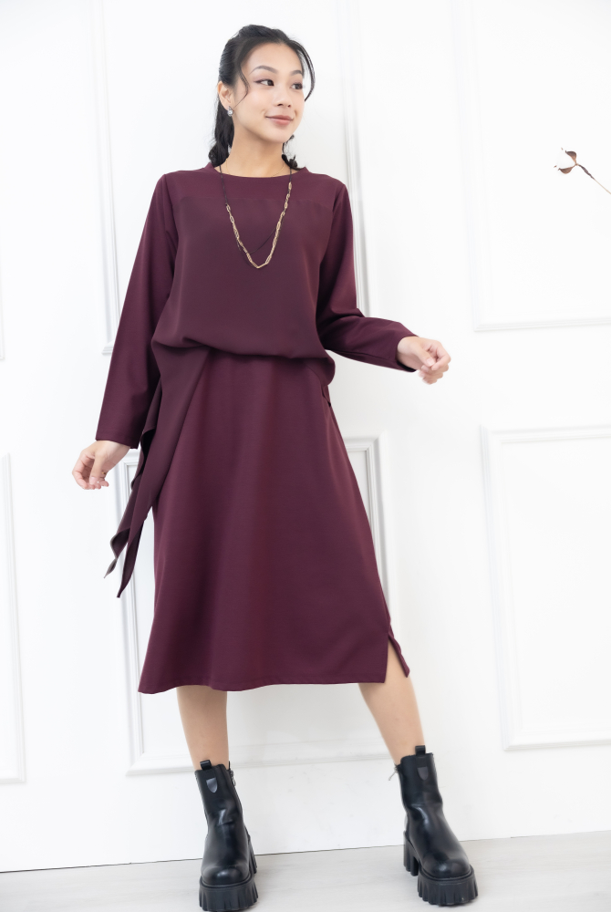 원피스 假兩件雪紡洋裝 / 暗紅色