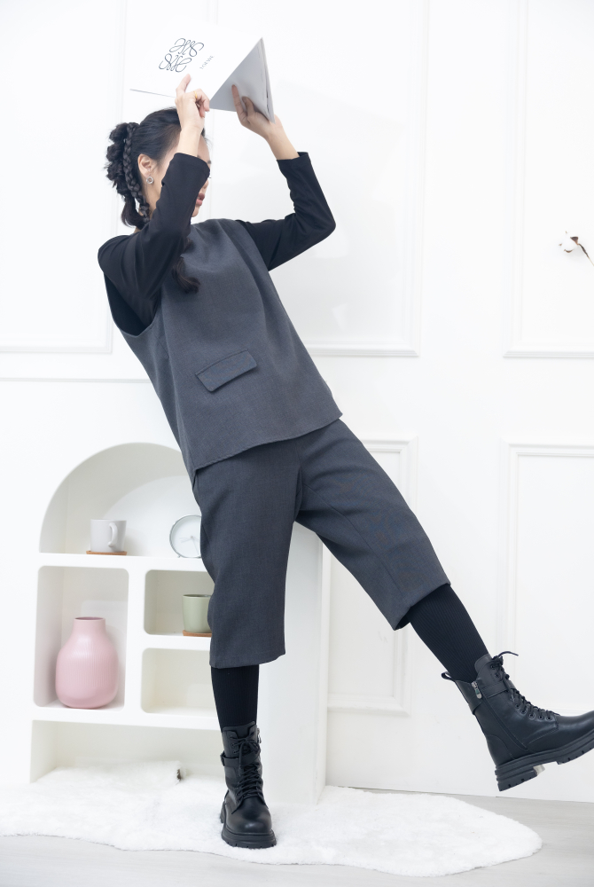 긴 바지 假兩件微彈性長褲 / 灰色