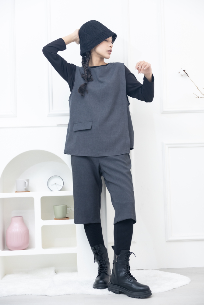 긴 바지 假兩件微彈性長褲 / 灰色