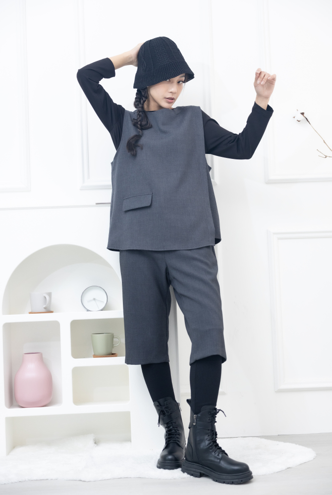 긴 바지 假兩件微彈性長褲 / 灰色