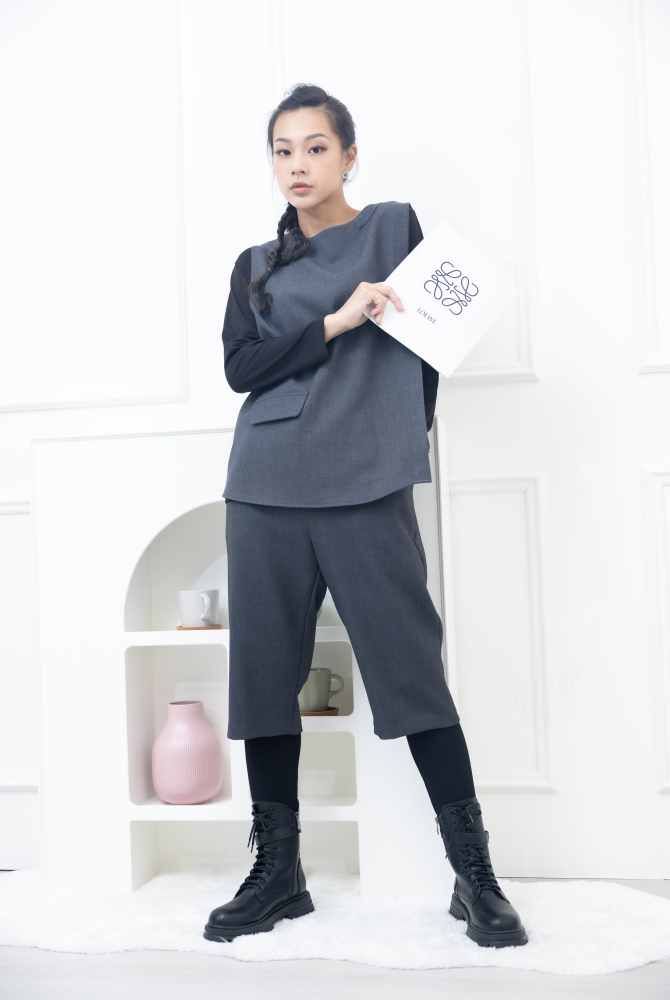 긴 바지 假兩件微彈性長褲 / 灰色