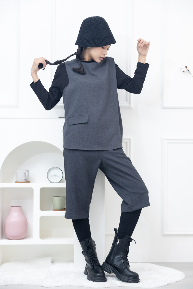 긴 바지 假兩件微彈性長褲 / 灰色