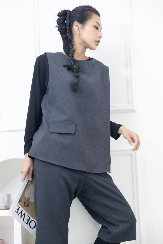 조끼 假口袋後半拉鍊背心 / 灰色