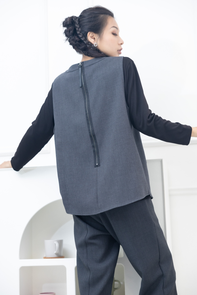 조끼 假口袋後半拉鍊背心 / 灰色